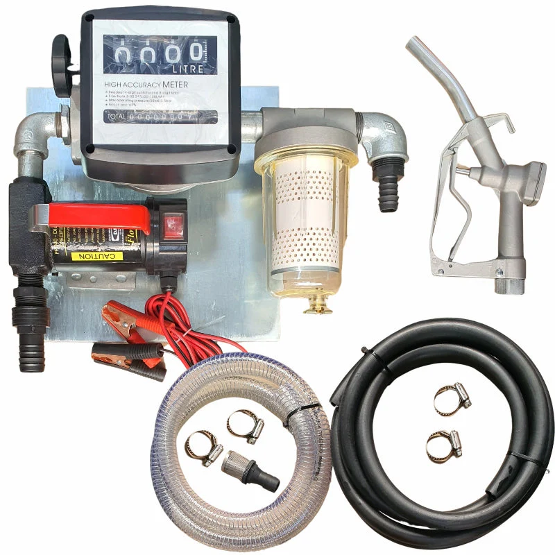 40lt – 12v Diesel pump kit with transparent dirt filter – Fully assembled on wall-mount plate for sale in South Africa - SME Warehousing Solutions