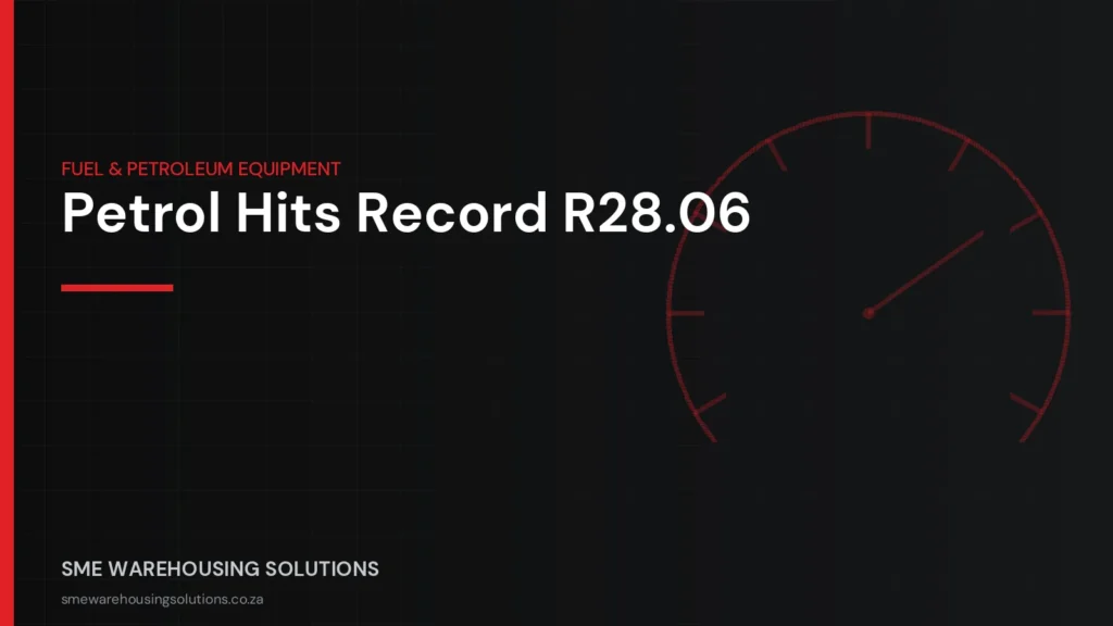 Dark branded graphic on record June 2026 petrol price of R28.06 per litre in South Africa